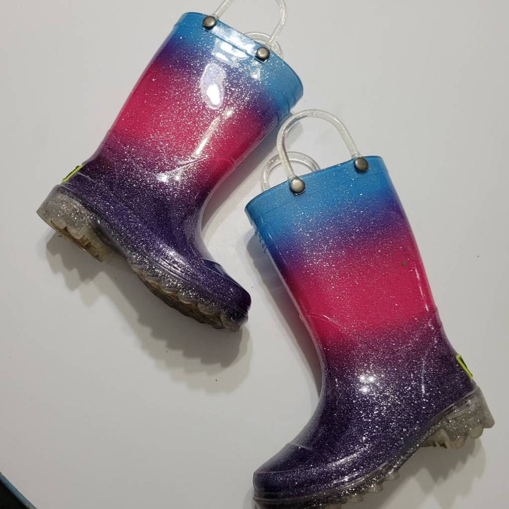 Western Chief Unisex Kids Rain Boots Purple Pink Ombre Glitter Pull On 5/6